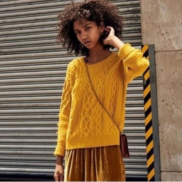 Madewell Open Sided Bobble Pullover CableKnit Wool Sweater Mustard Size XS - Picture 7 of 12
